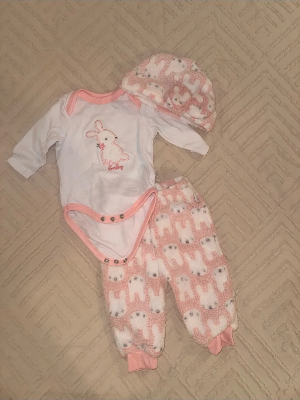 Pink Bunny 3-Piece Baby Bodysuit Set with Hat and Pants